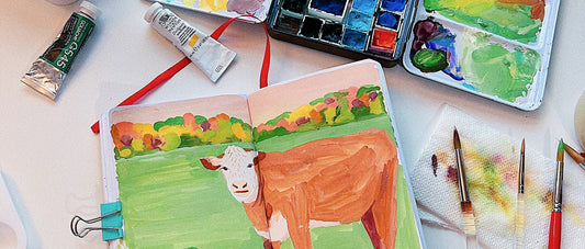 Gouache sketchbook painting of cows inspired by neighbor’s cattle, capturing their gentle presence in a rural Wisconsin setting.