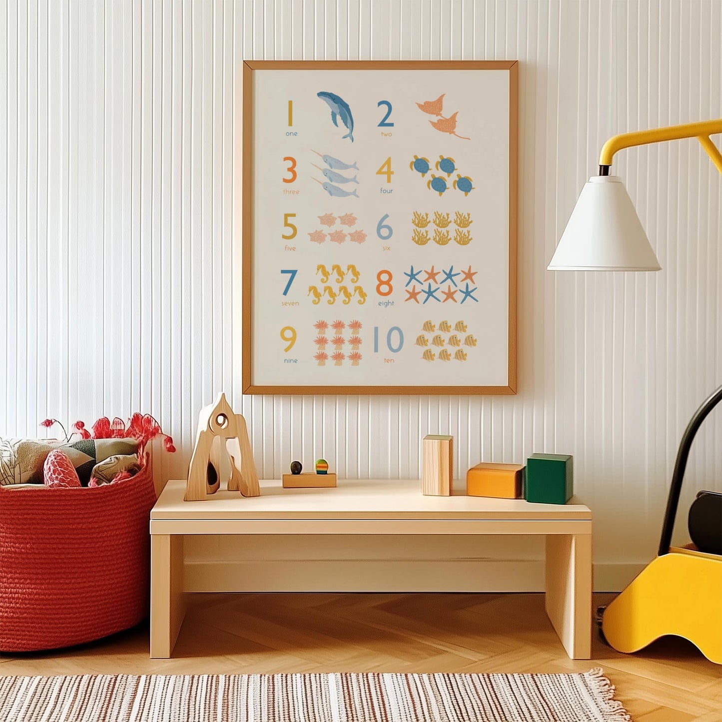 Engaging and educational art print featuring sea animals with corresponding numbers – fun and interactive counting illustration for kids' rooms, perfect for learning numbers