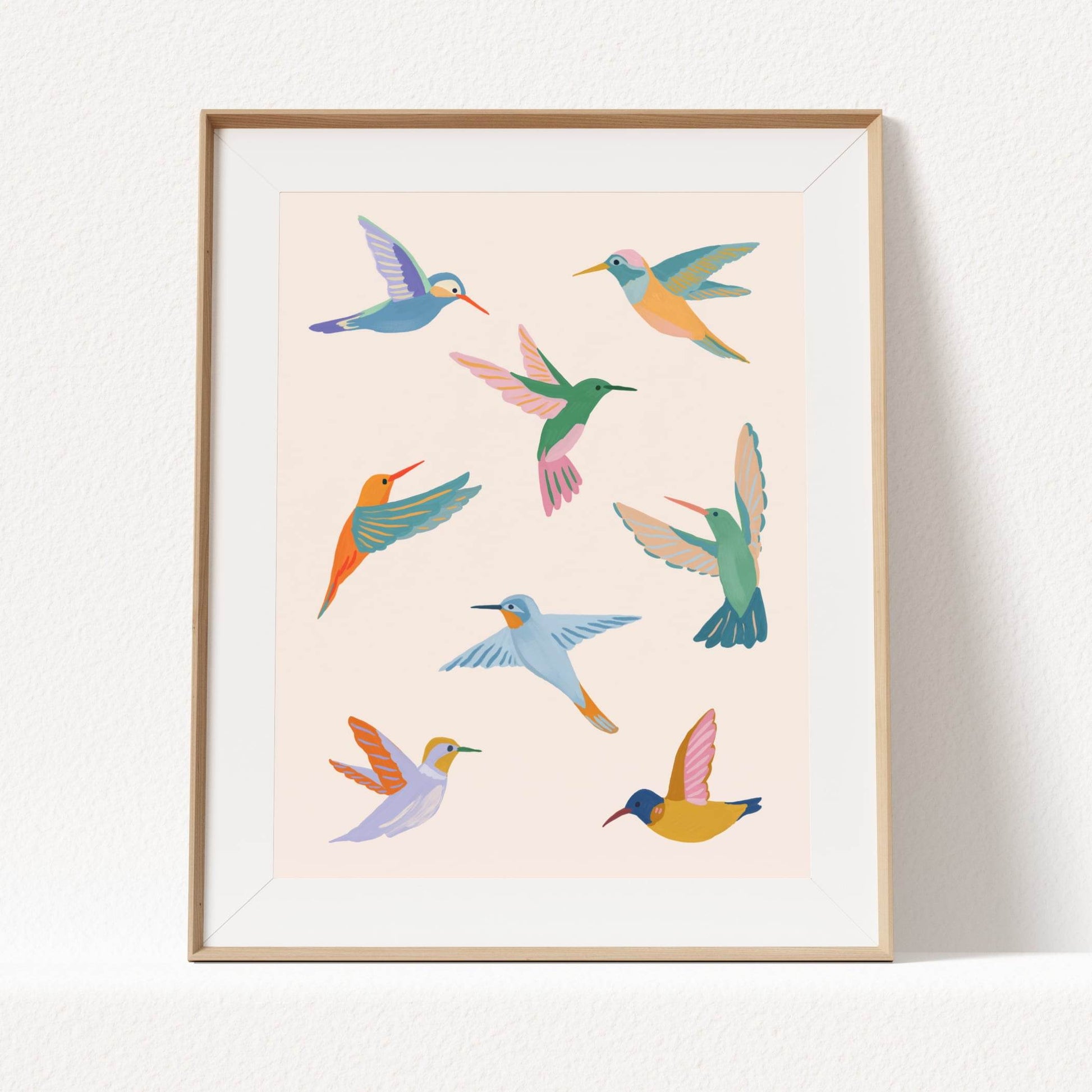 Colorful illustration of hummingbirds inspired by summer garden visitors – joyful and lively bird art print from Sun Lee’s original digital painting for nature-inspired home decor