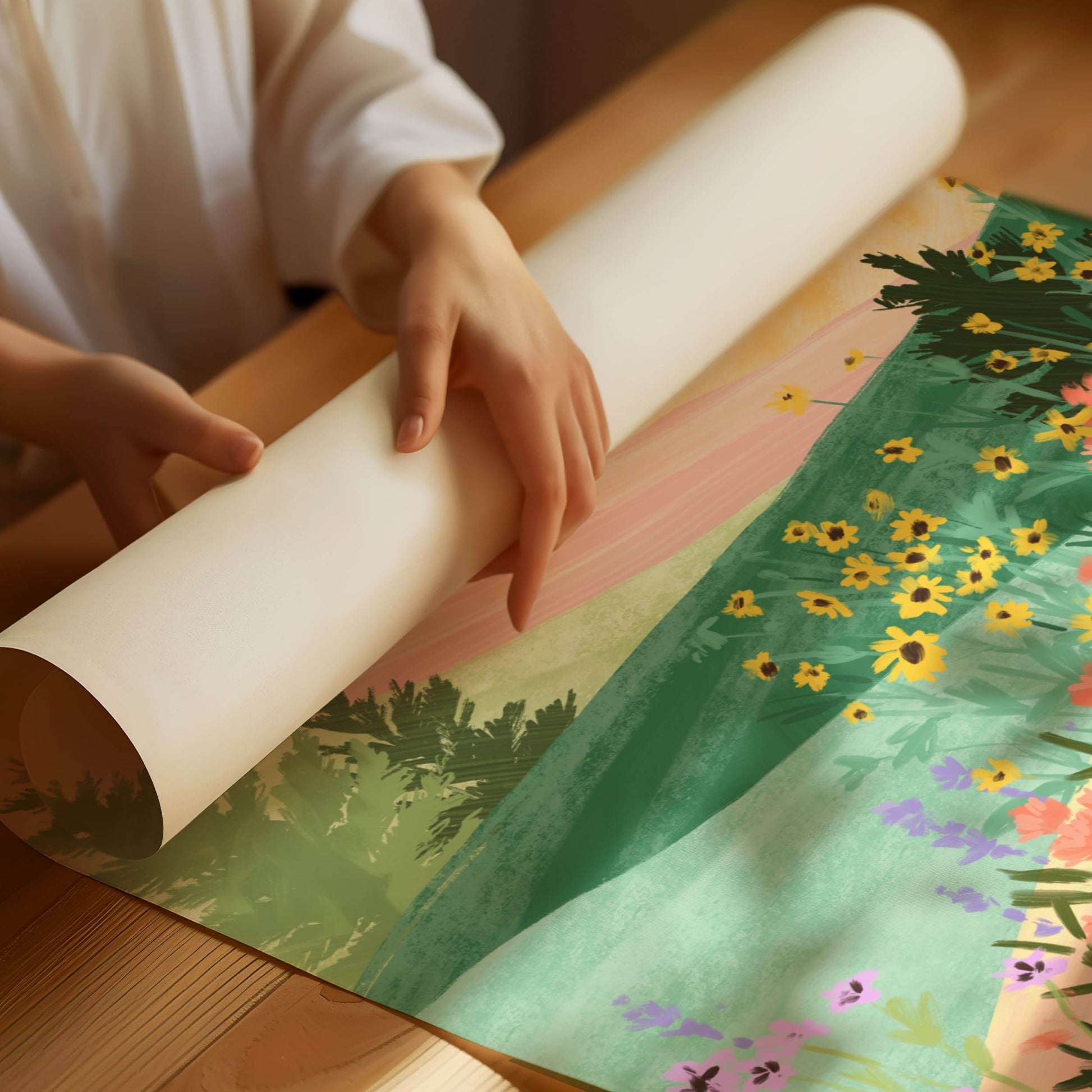 Peaceful illustration inspired by a flower-filled meadow – soft colors and organic textures in a serene nature art print for calming home decor
