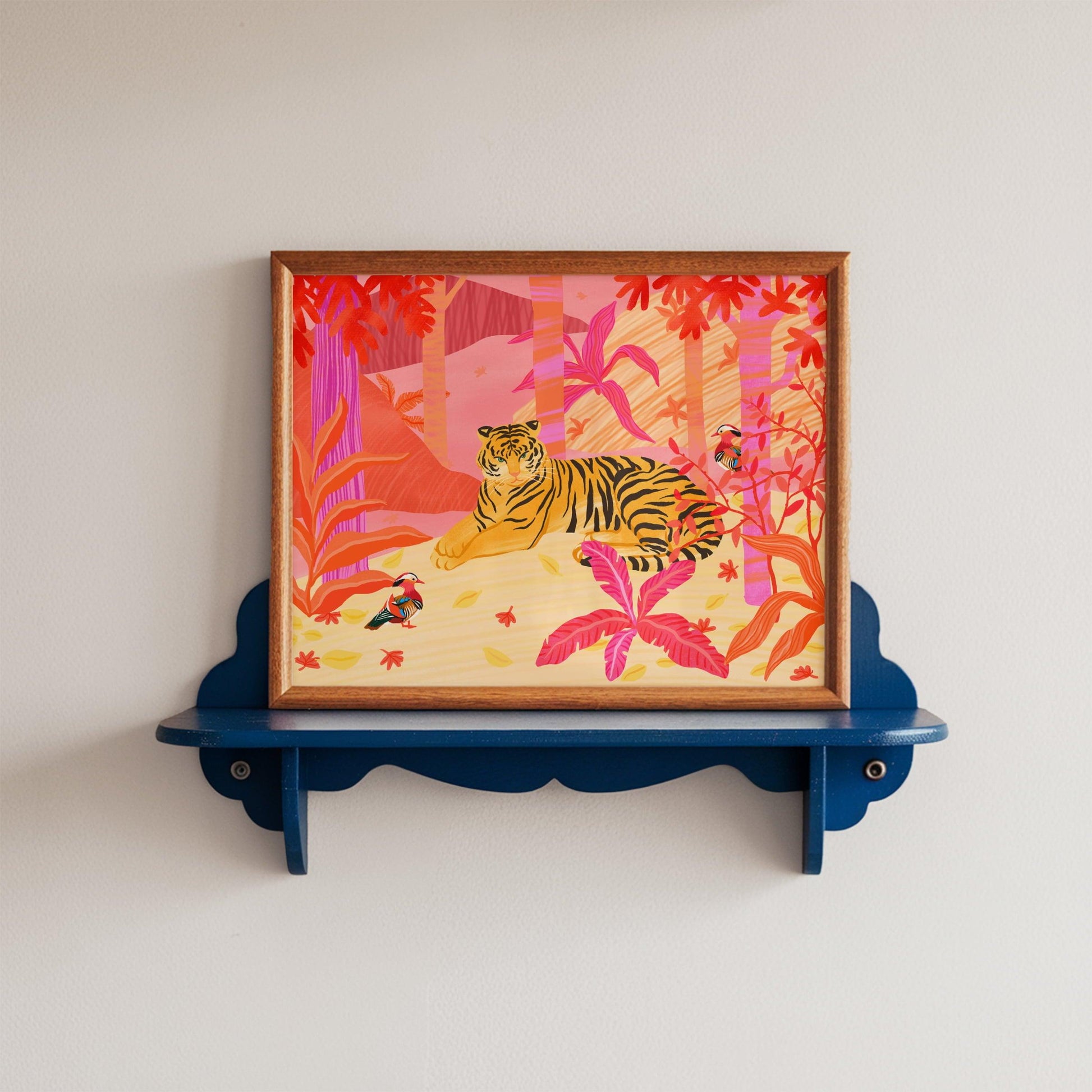 Illustration of a tiger and two mandarin ducks in a vibrant pink, red, and orange forest – bold and lively animal art print for modern home decor