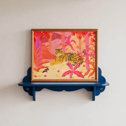 Illustration of a tiger and two mandarin ducks in a vibrant pink, red, and orange forest – bold and lively animal art print for modern home decor