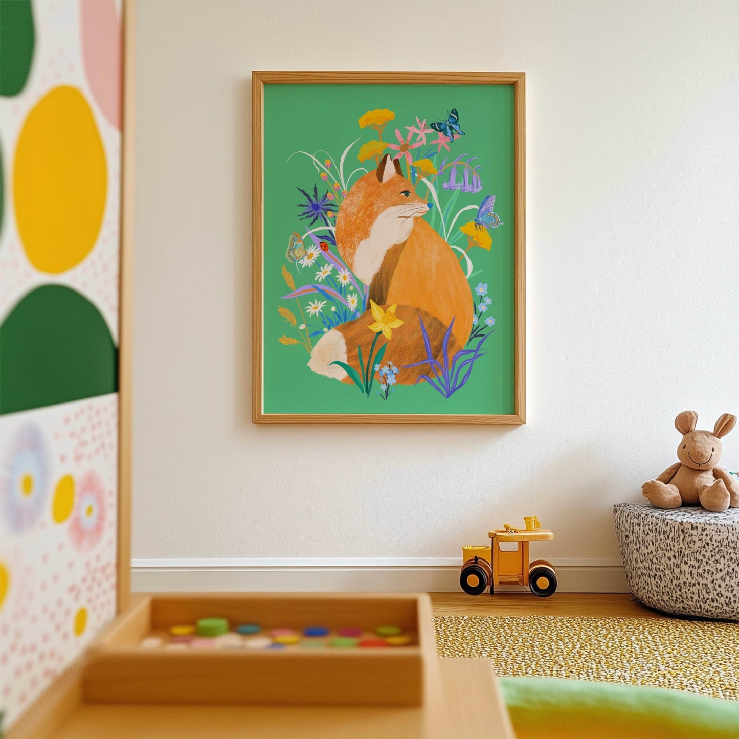 Vibrant illustration of a woodland fox surrounded by delicate florals – colorful and whimsical animal art print for nurseries, kids' rooms, and nature-inspired home decor