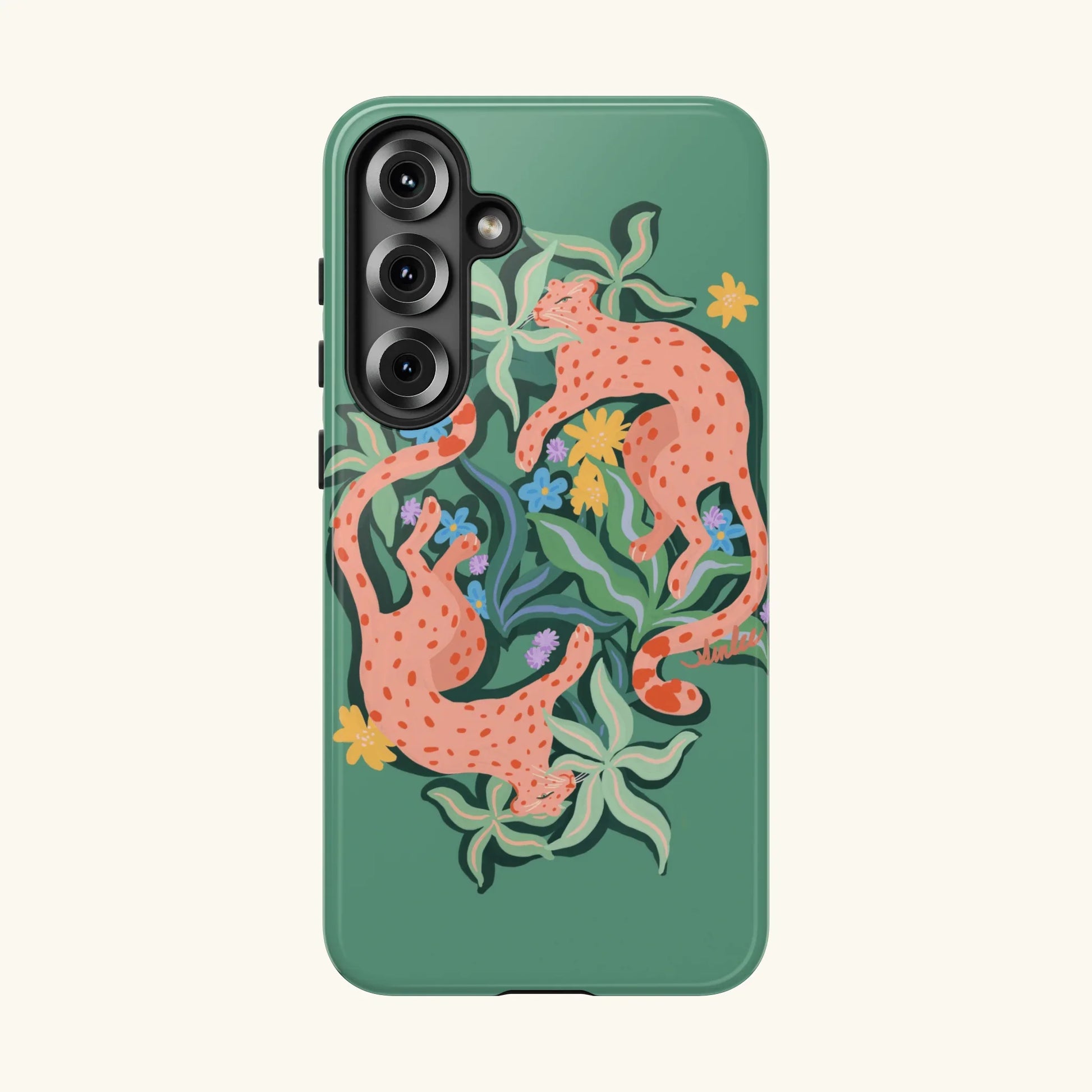 Phone case with leopards and abstract botanicals design on a green background