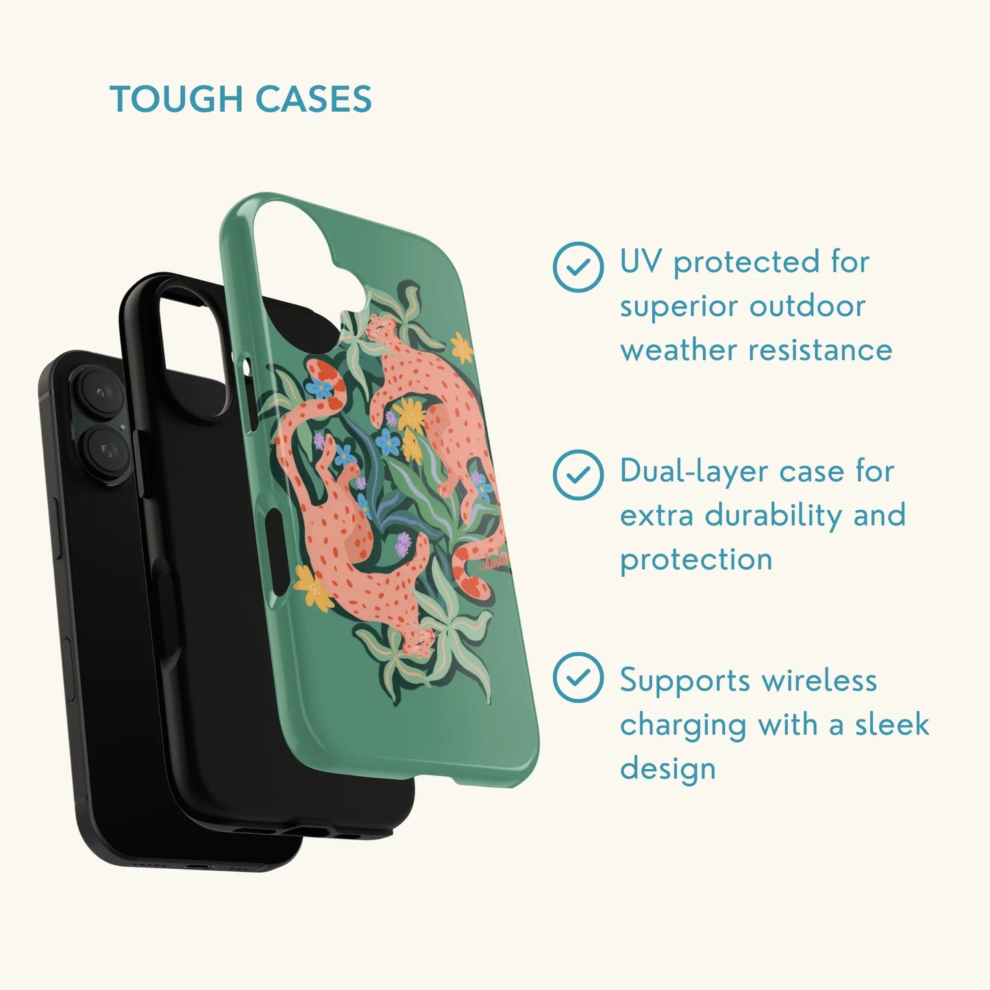 Phone case with leopards and abstract botanicals design on a green background