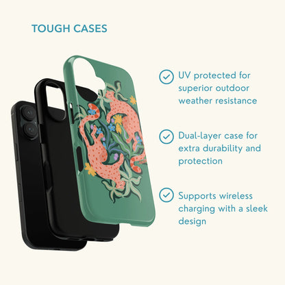 Phone case with leopards and abstract botanicals design on a green background
