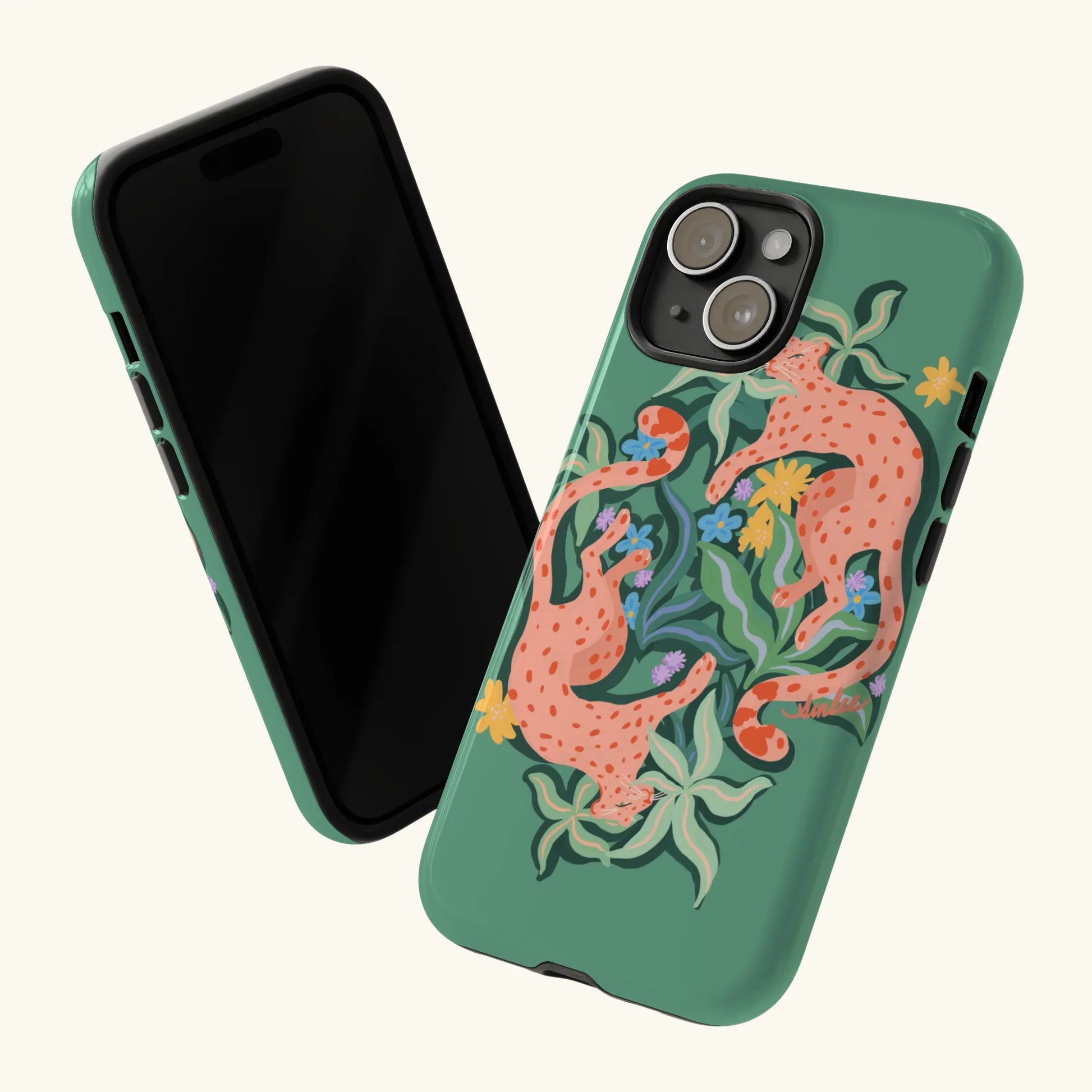 Phone case with leopards and abstract botanicals design on a green background