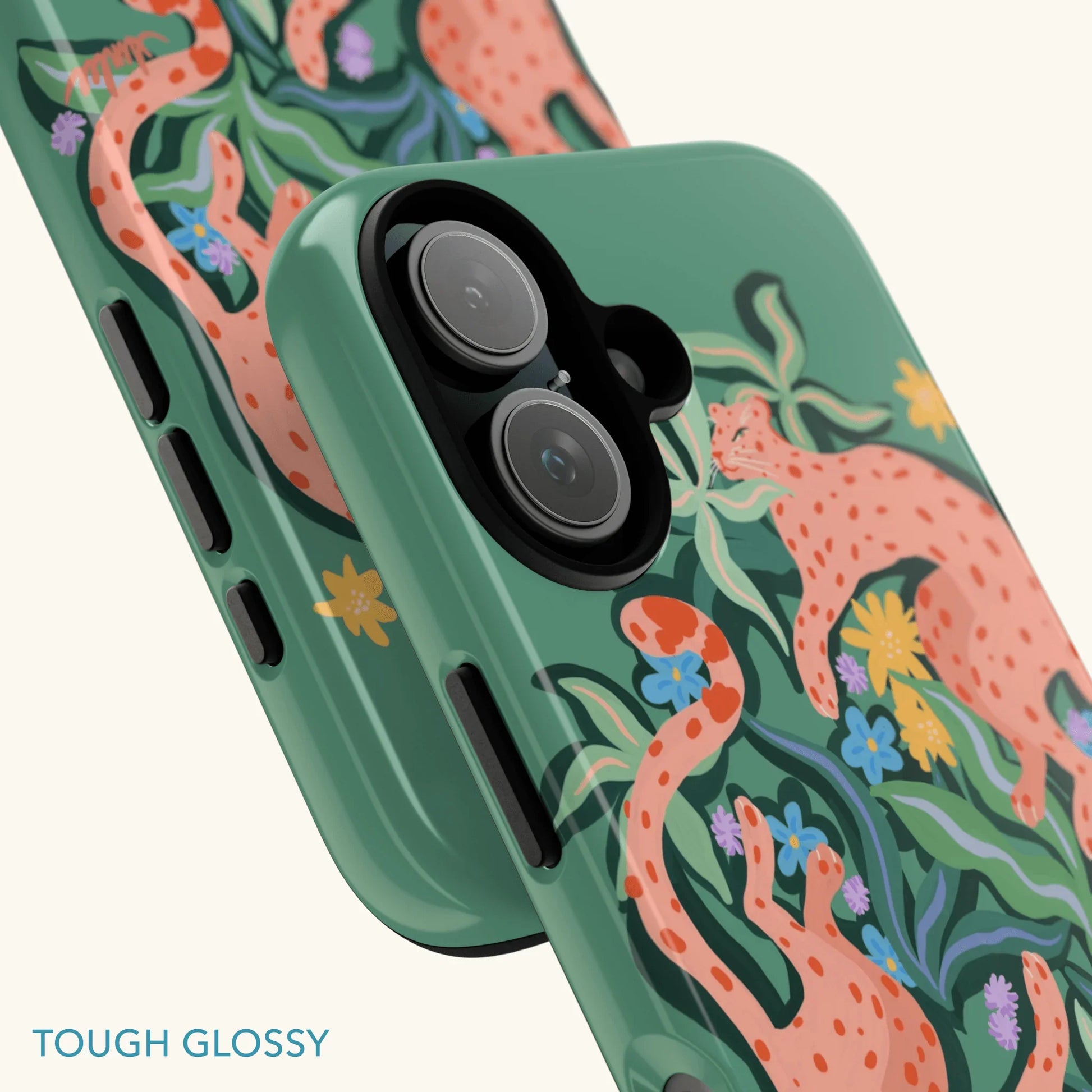 Phone case with leopards and abstract botanicals design on a green background