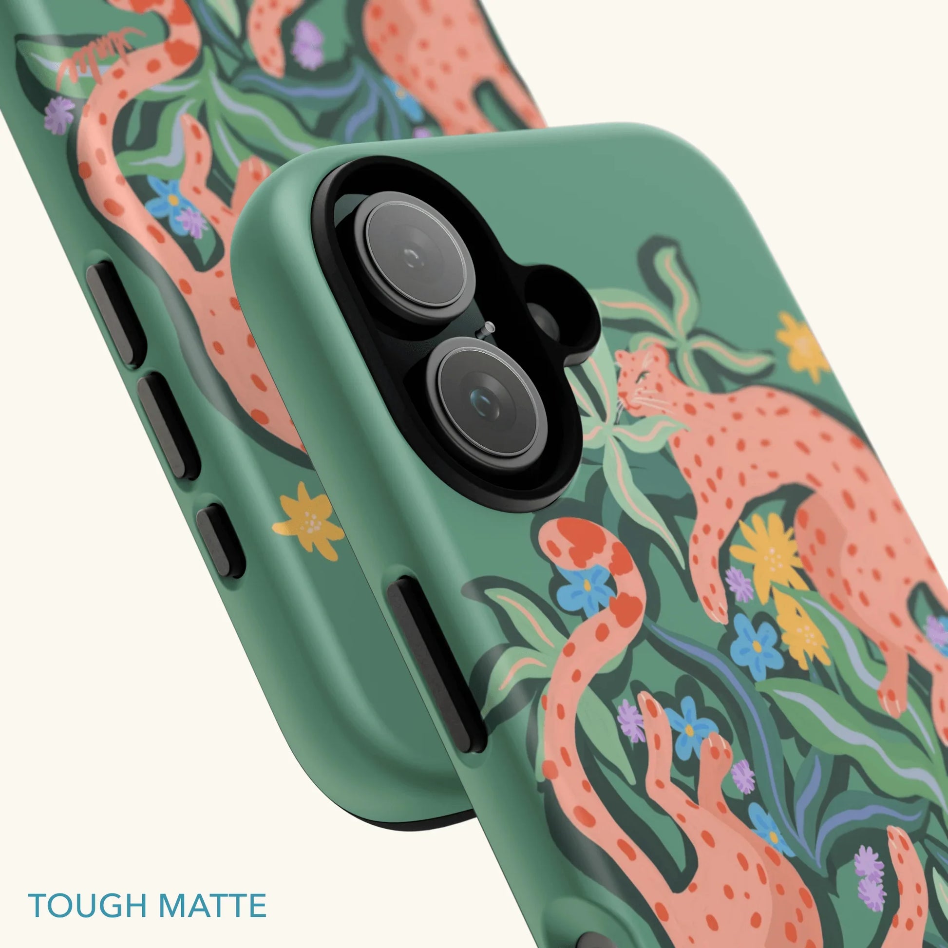 Phone case with leopards and abstract botanicals design on a green background