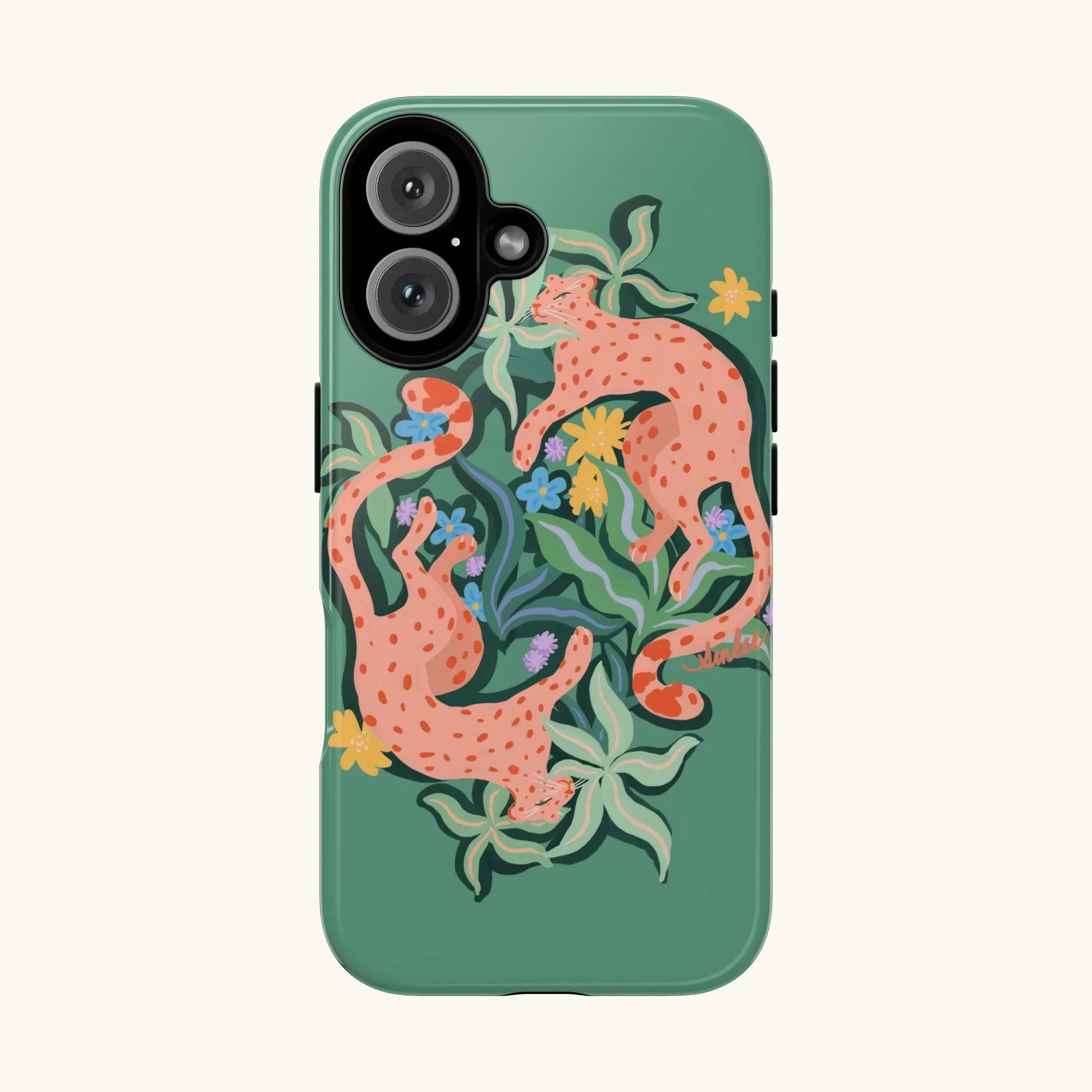 Phone case with leopards and abstract botanicals design on a green background