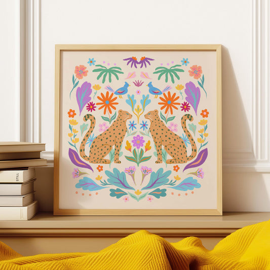 Symmetrical illustration of cheetahs with colorful retro botanicals – whimsical animal art print for kids’ rooms or eclectic home decor
