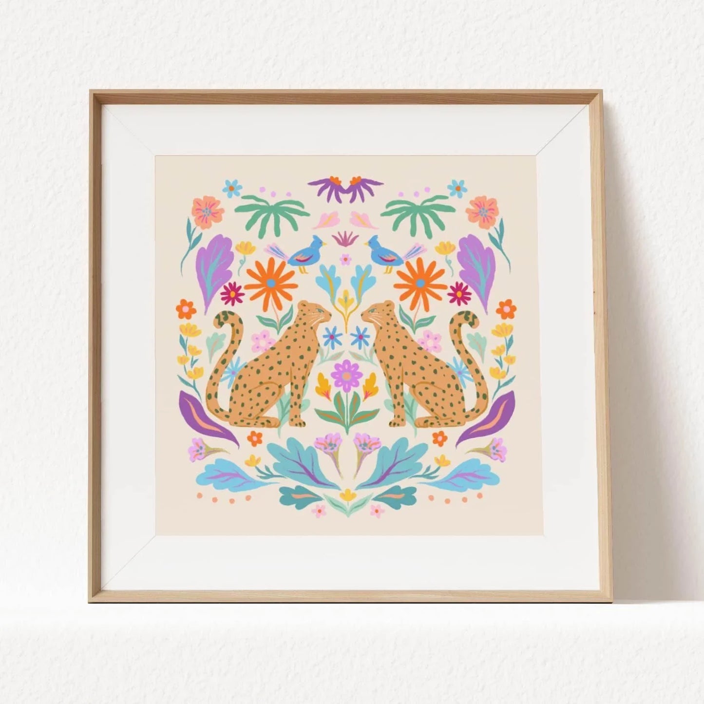 Symmetrical illustration of cheetahs with colorful retro botanicals – whimsical animal art print for kids’ rooms or eclectic home decor