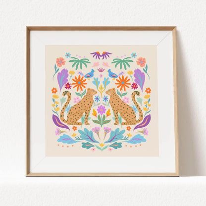 Symmetrical illustration of cheetahs with colorful retro botanicals – whimsical animal art print for kids’ rooms or eclectic home decor