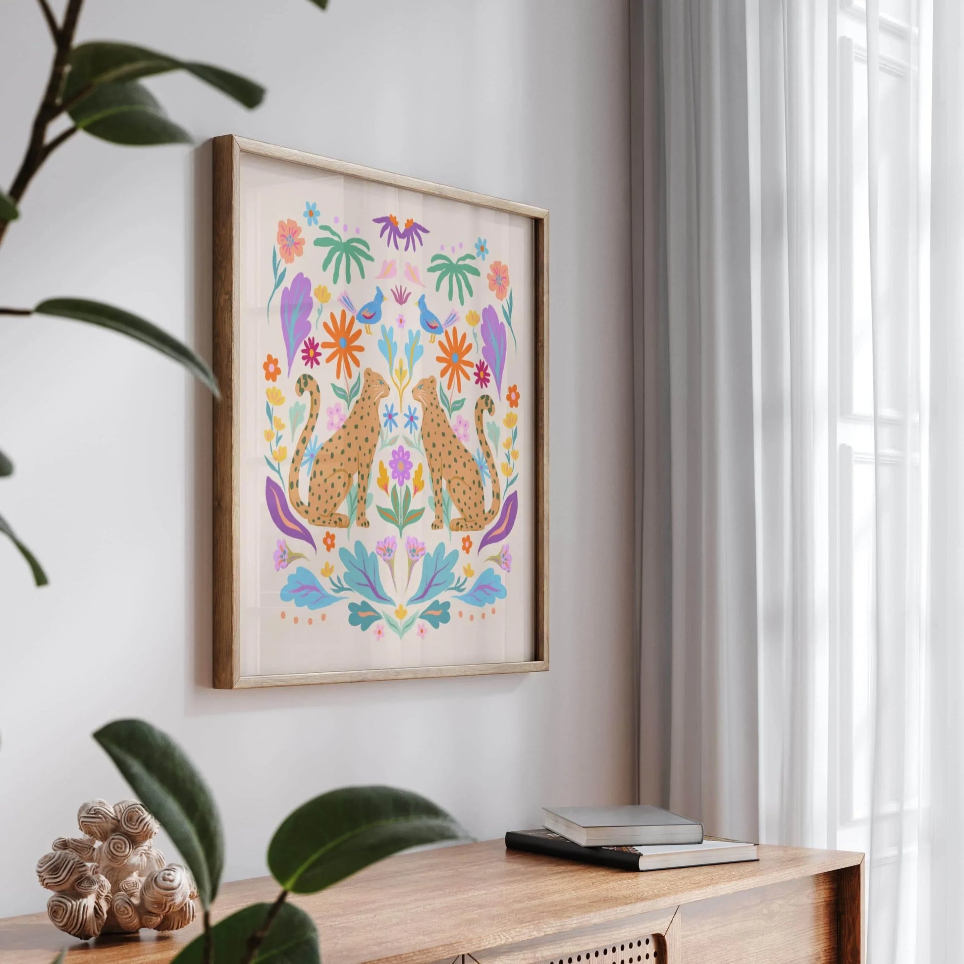 Symmetrical illustration of cheetahs with colorful retro botanicals – whimsical animal art print for kids’ rooms or eclectic home decor
