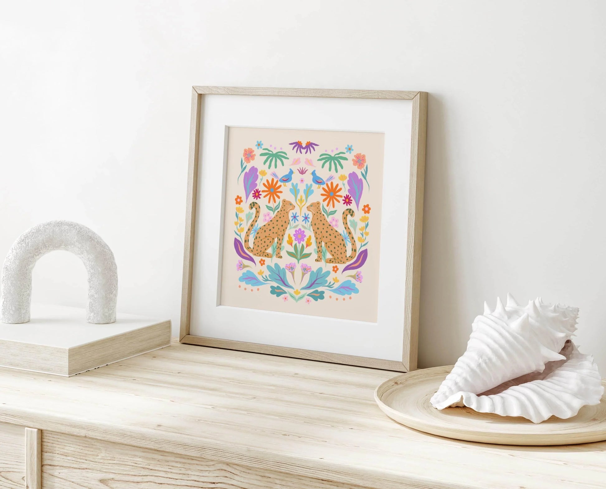 Symmetrical illustration of cheetahs with colorful retro botanicals – whimsical animal art print for kids’ rooms or eclectic home decor