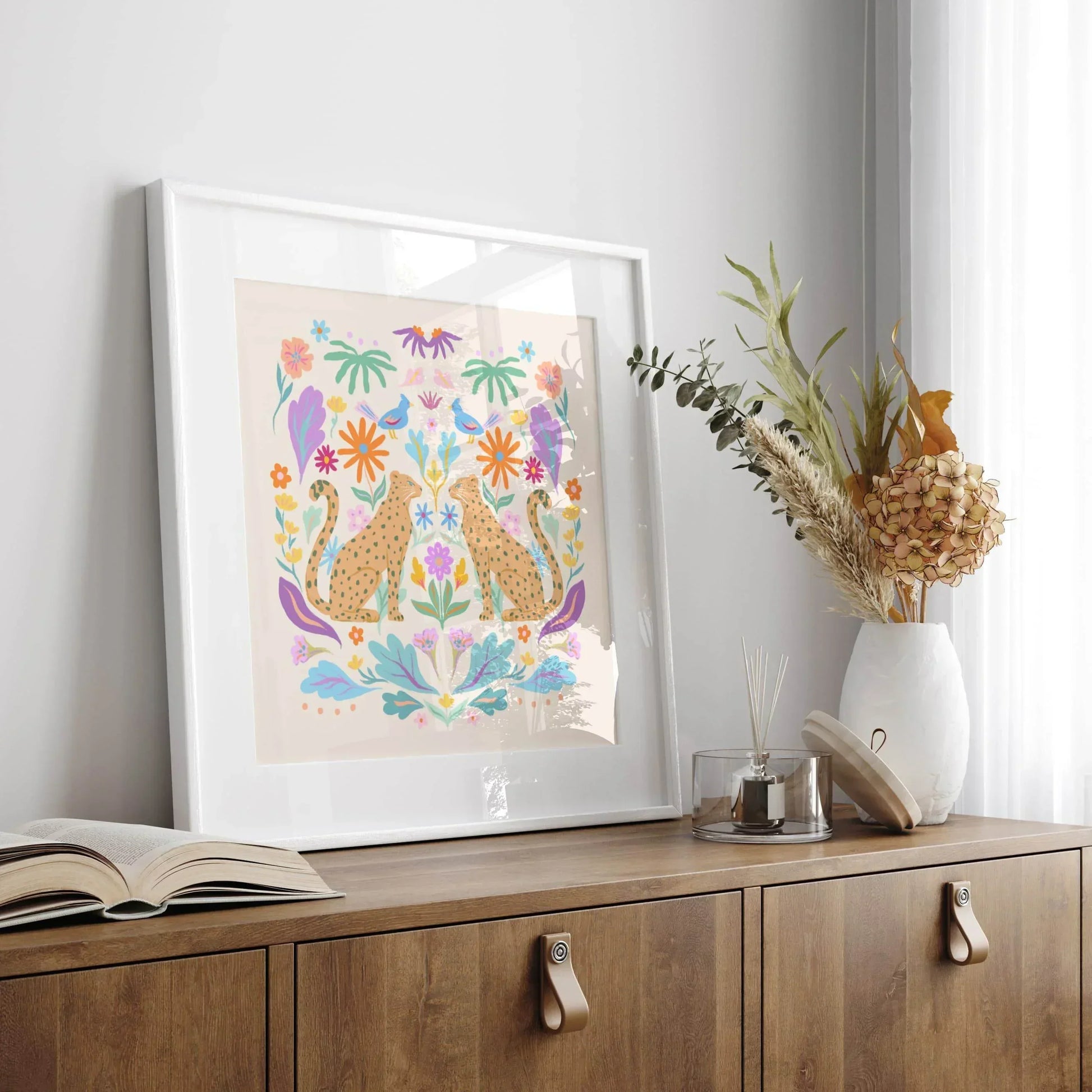 Symmetrical illustration of cheetahs with colorful retro botanicals – whimsical animal art print for kids’ rooms or eclectic home decor