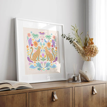 Symmetrical illustration of cheetahs with colorful retro botanicals – whimsical animal art print for kids’ rooms or eclectic home decor