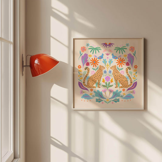 Symmetrical illustration of cheetahs with colorful retro botanicals – whimsical animal art print for kids’ rooms or eclectic home decor
