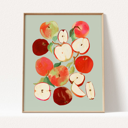 Still life art print of whole and sliced apples arranged in a colorful composition.