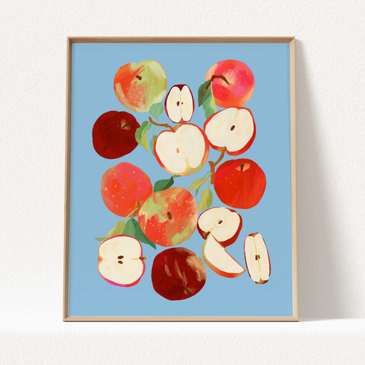 Still life art print of whole and sliced apples arranged in a colorful composition.