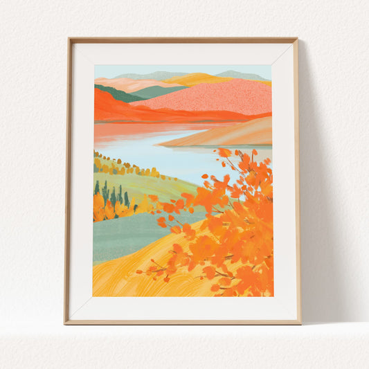 Art Print of an autumn landscape with mountains and a winding river in warm fall colors.