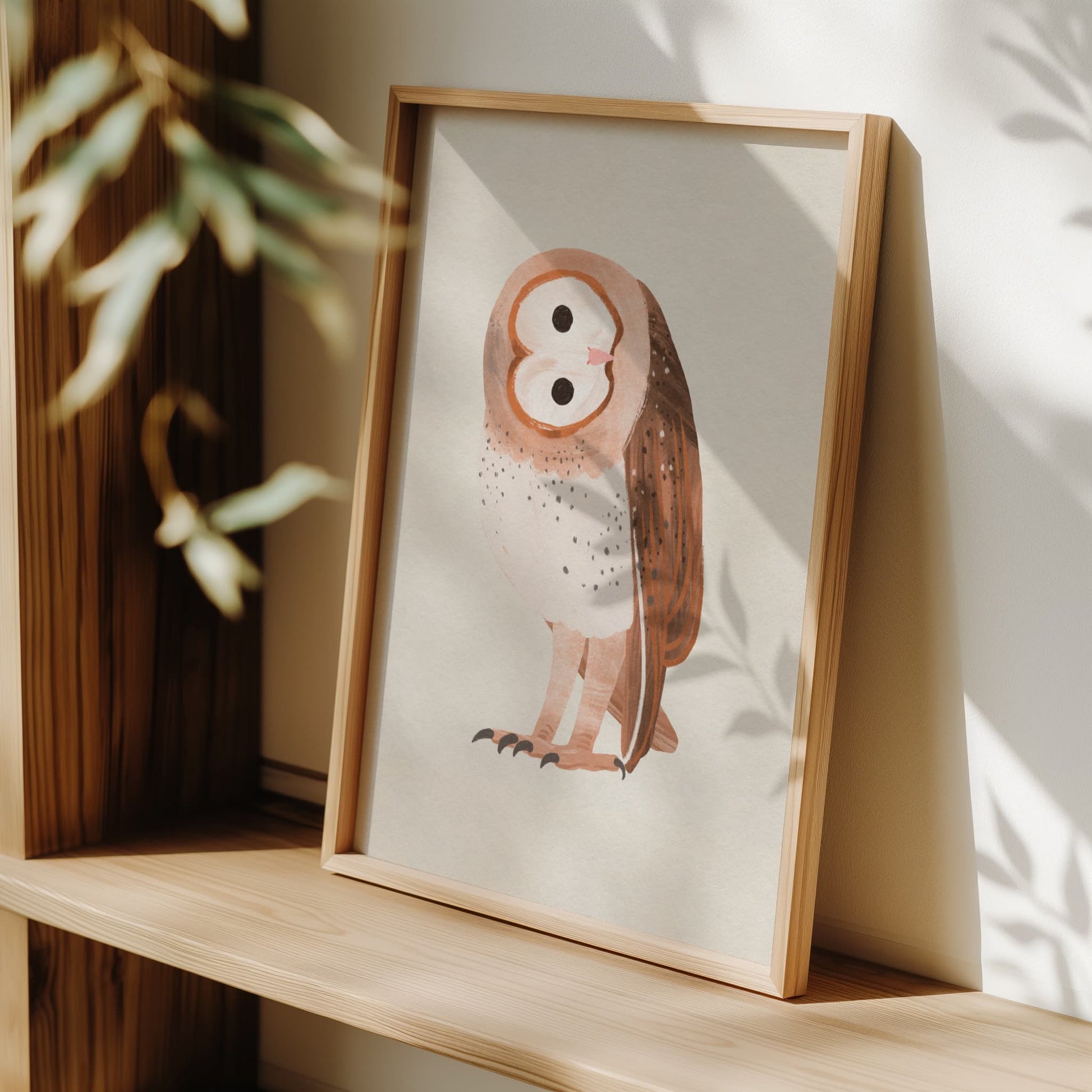 Illustration of a cute barn owl with soft textures and warm tonal details, sitting calmly in a whimsical style.