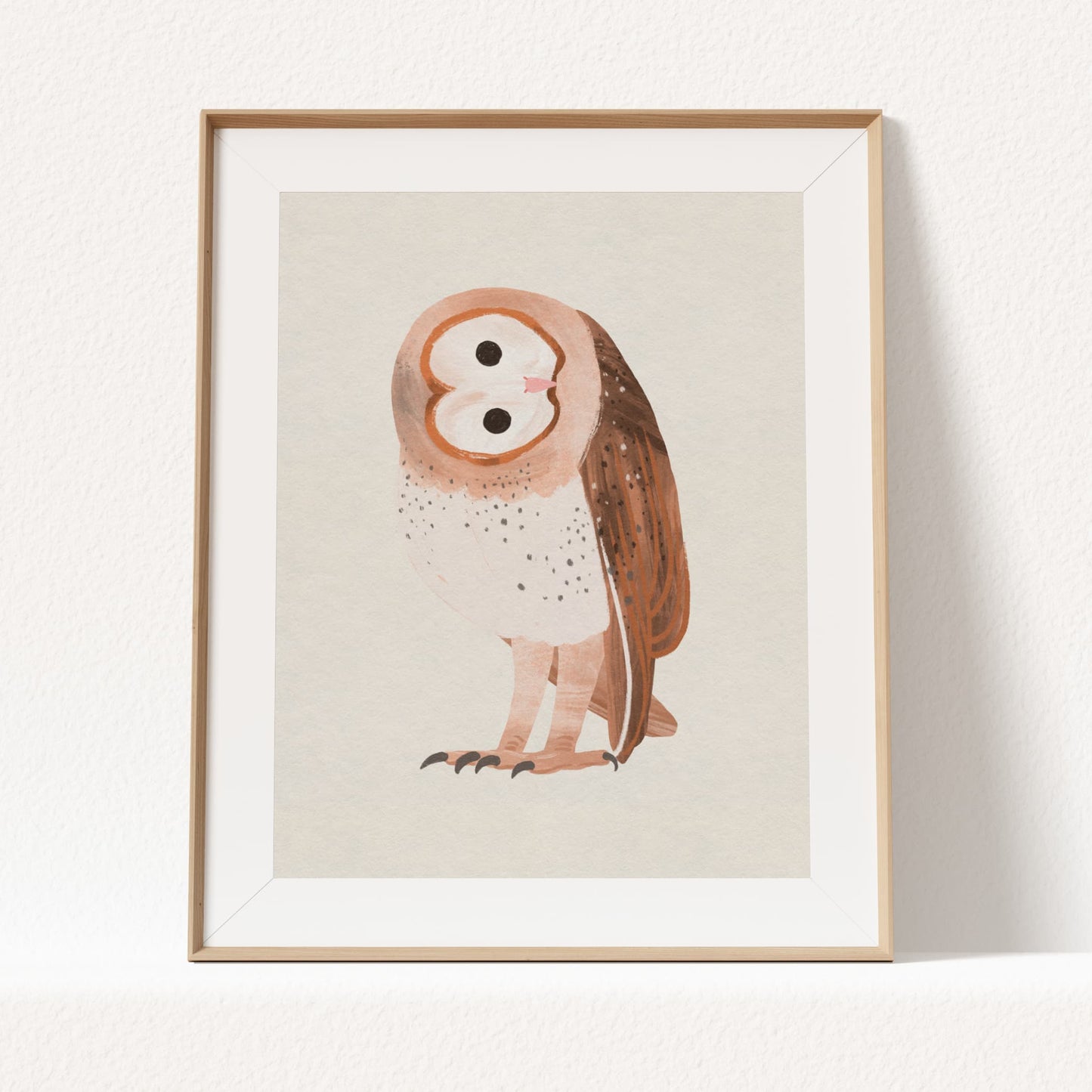 Illustration of a cute barn owl with soft textures and warm tonal details, sitting calmly in a whimsical style.