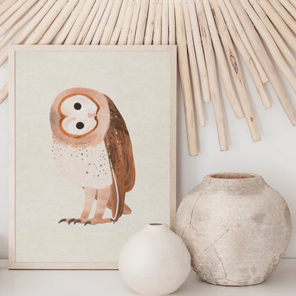 Illustration of a cute barn owl with soft textures and warm tonal details, sitting calmly in a whimsical style.