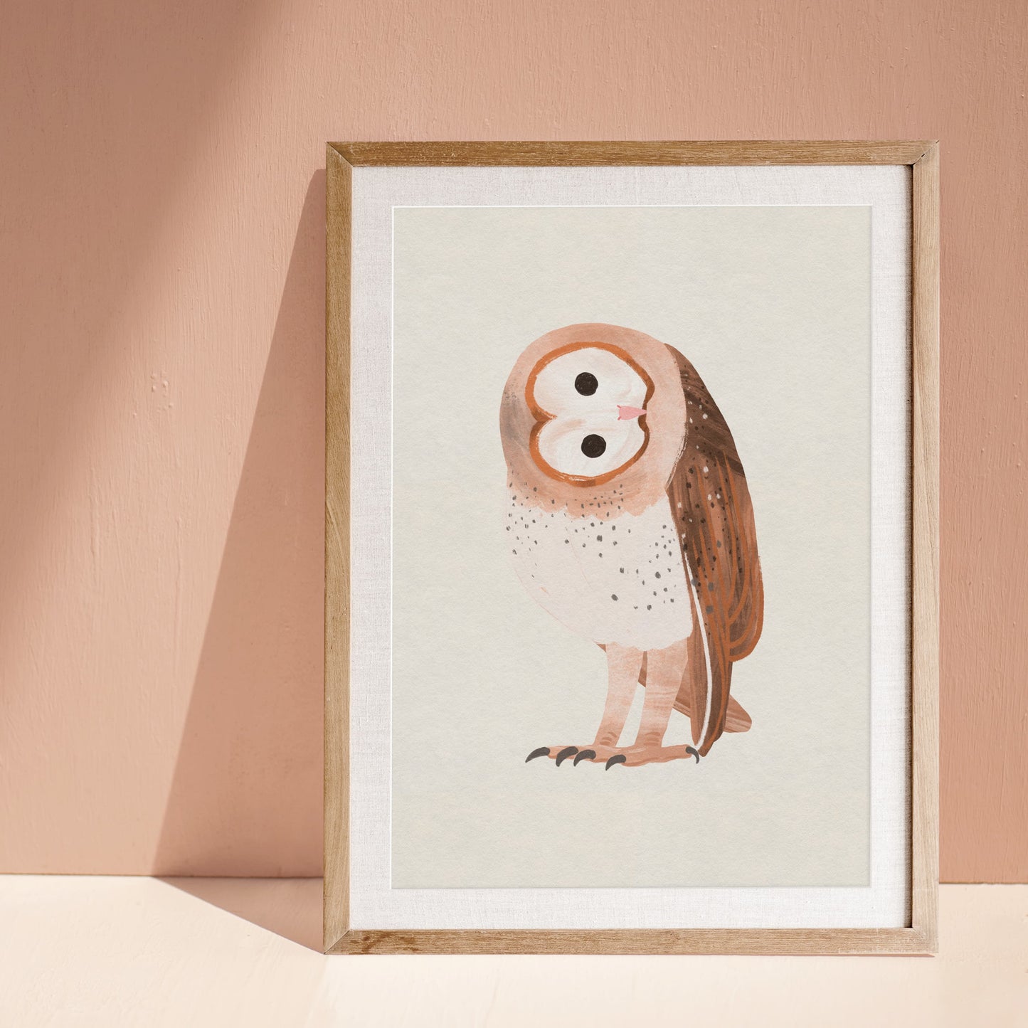 Illustration of a cute barn owl with soft textures and warm tonal details, sitting calmly in a whimsical style.