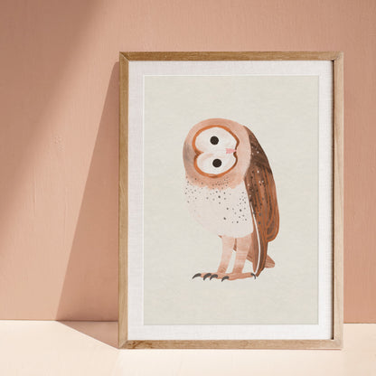 Illustration of a cute barn owl with soft textures and warm tonal details, sitting calmly in a whimsical style.