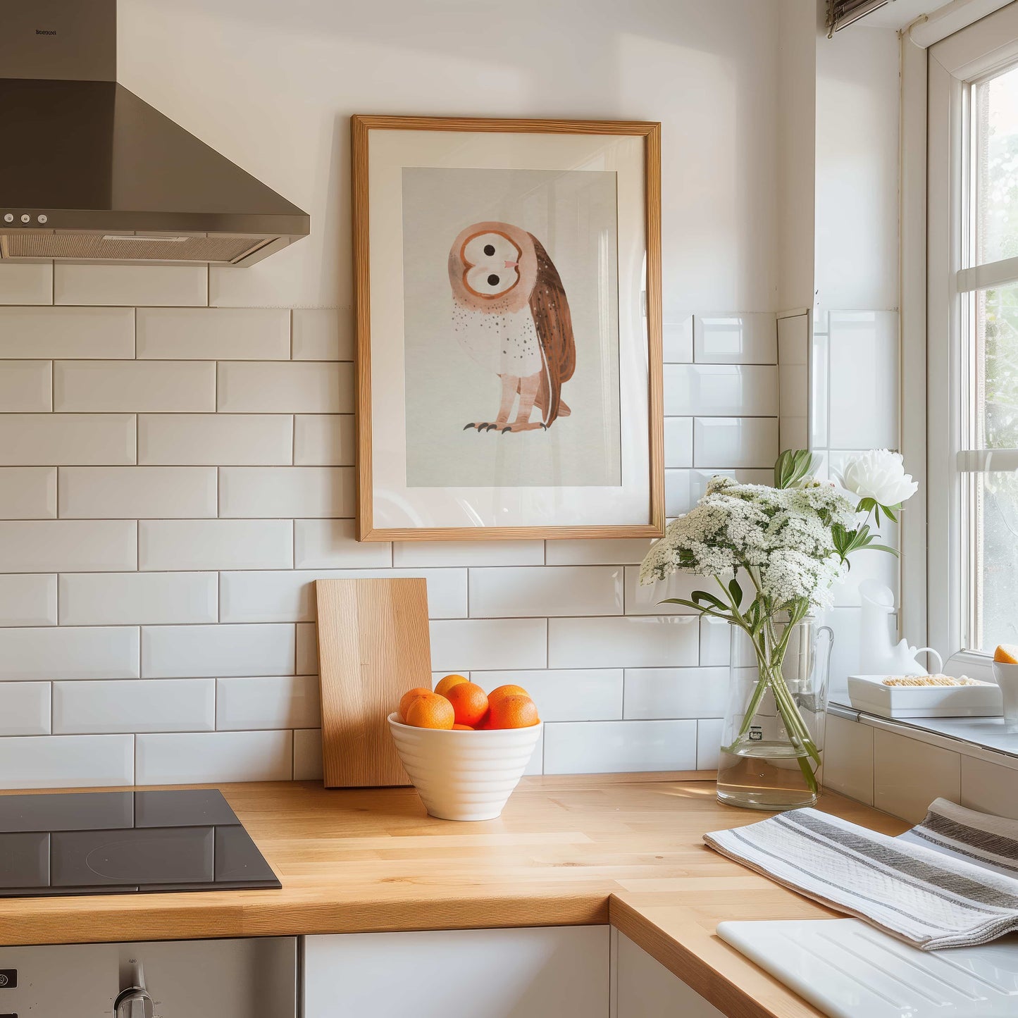 Illustration of a cute barn owl with soft textures and warm tonal details, sitting calmly in a whimsical style.