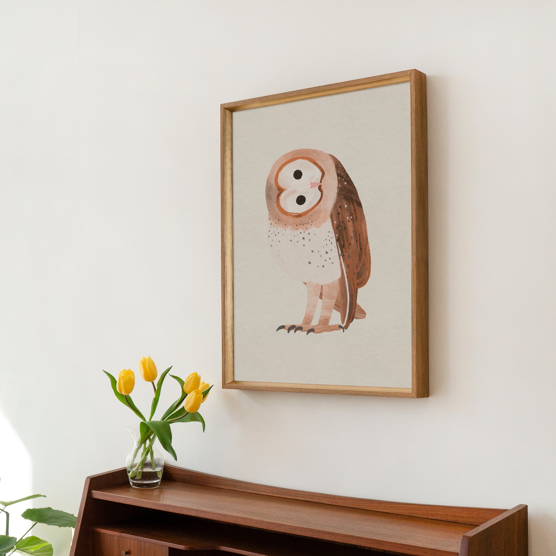 Illustration of a cute barn owl with soft textures and warm tonal details, sitting calmly in a whimsical style.