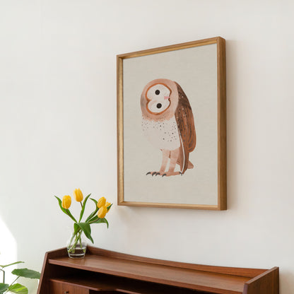 Illustration of a cute barn owl with soft textures and warm tonal details, sitting calmly in a whimsical style.