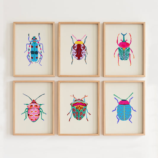 Colorful Beetles Art Prints - Set of 6