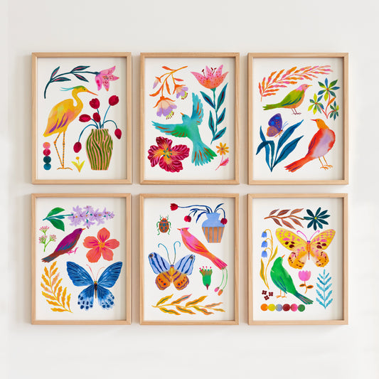 Set of six colorful framed artworks with floral and nature-themed designs on a white wall.