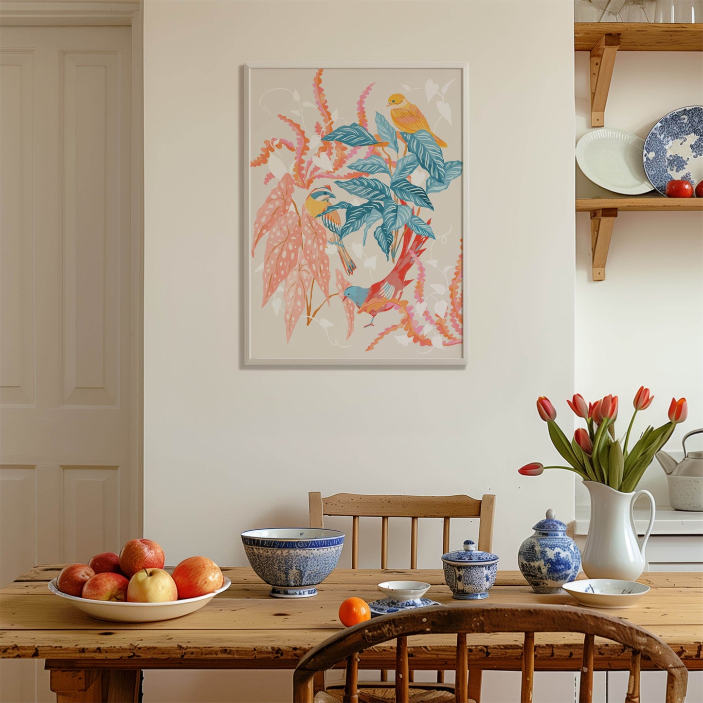 Warm and colorful illustration of whimsical birds with coral and teal foliage – nature-inspired art print creating a tranquil atmosphere for modern home decor
