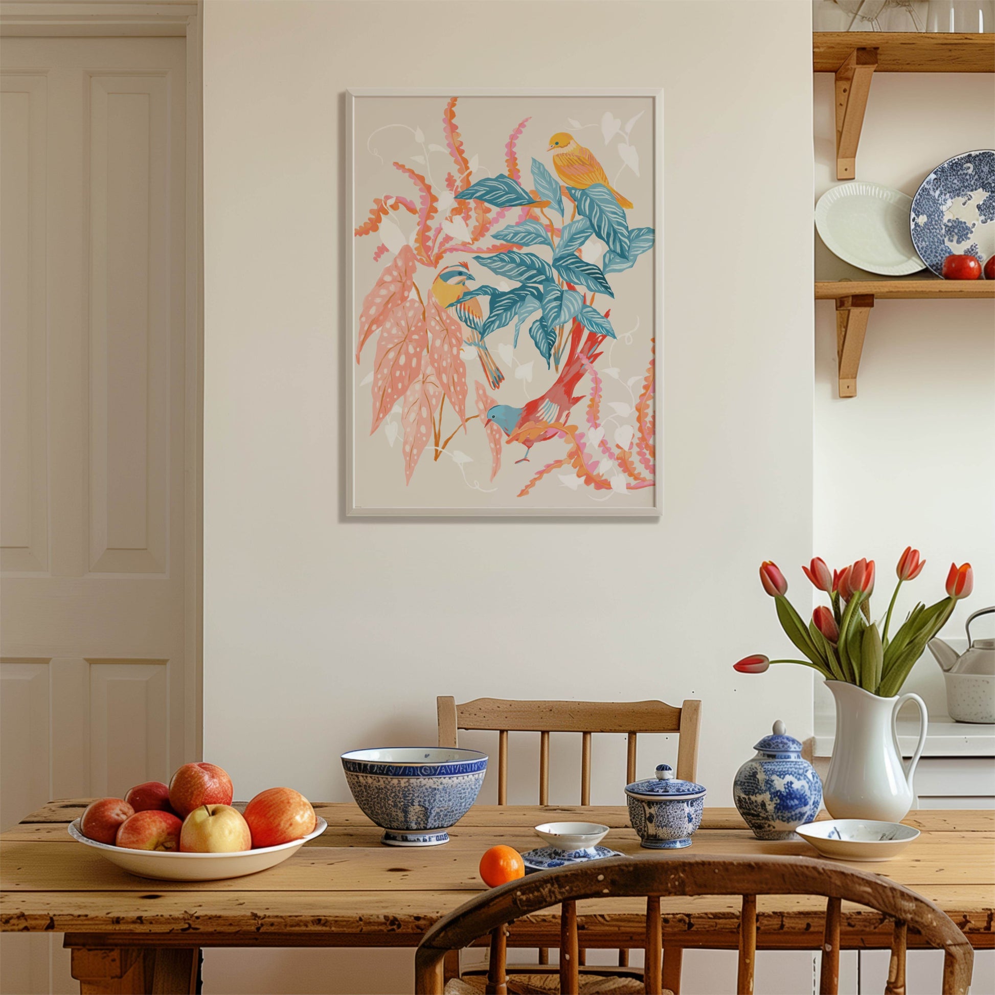 Warm and colorful illustration of whimsical birds with coral and teal foliage – nature-inspired art print creating a tranquil atmosphere for modern home decor