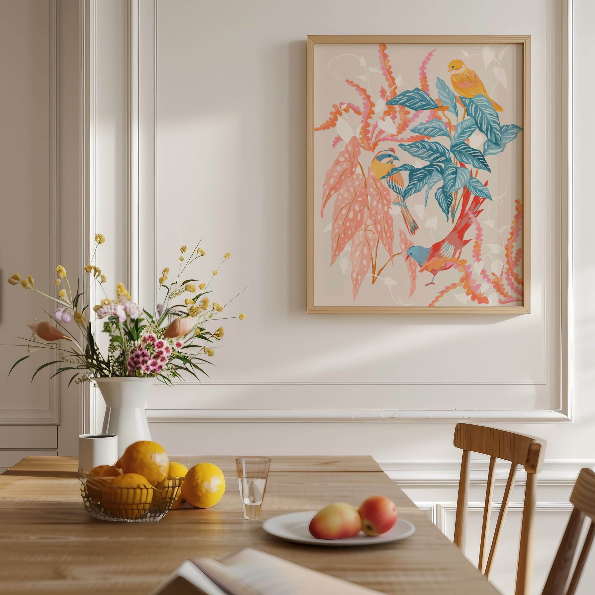 Warm and colorful illustration of whimsical birds with coral and teal foliage – nature-inspired art print creating a tranquil atmosphere for modern home decor