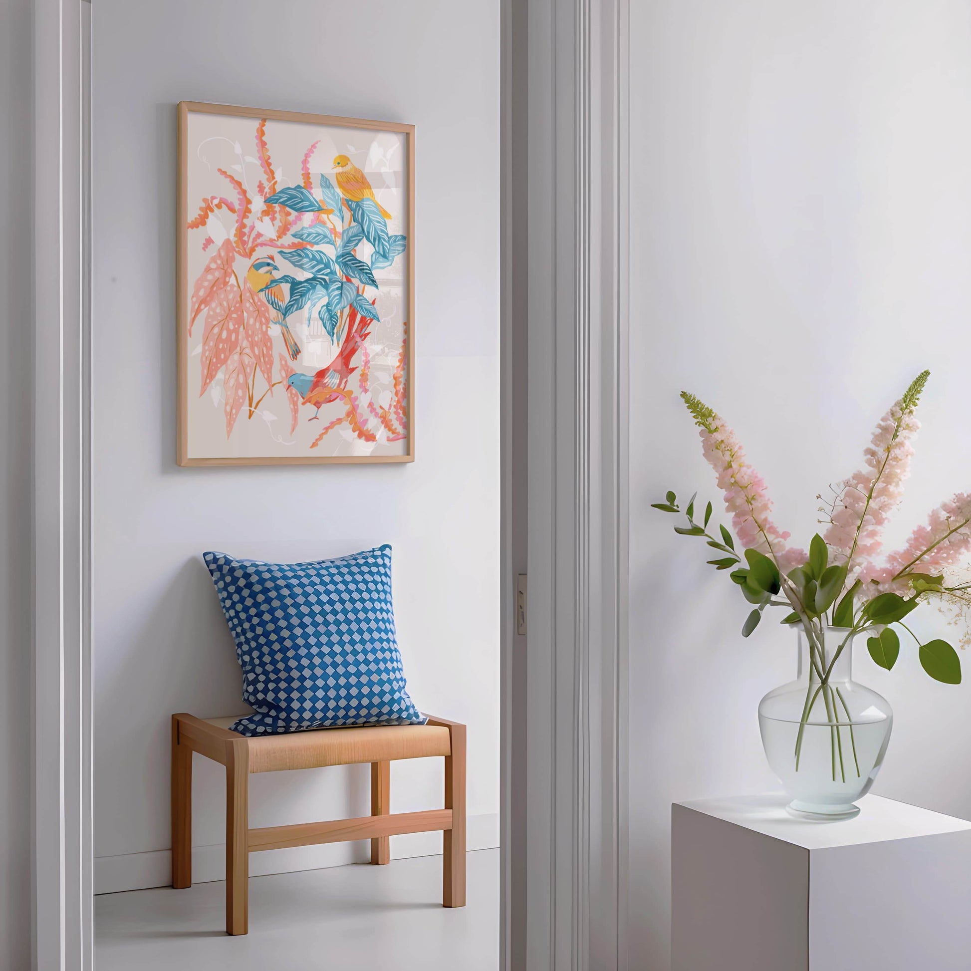 Warm and colorful illustration of whimsical birds with coral and teal foliage – nature-inspired art print creating a tranquil atmosphere for modern home decor