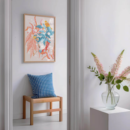Warm and colorful illustration of whimsical birds with coral and teal foliage – nature-inspired art print creating a tranquil atmosphere for modern home decor