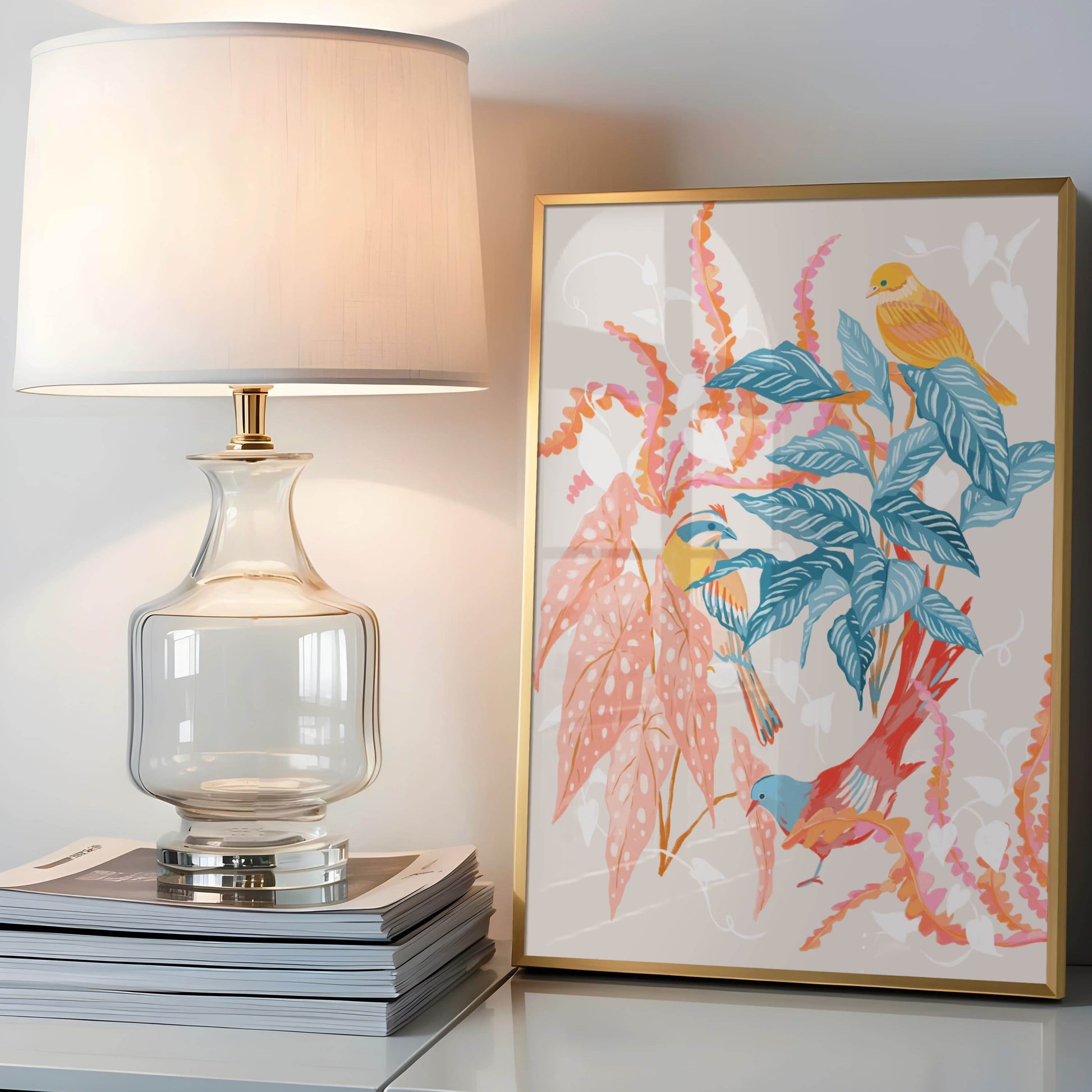 Warm and colorful illustration of whimsical birds with coral and teal foliage – nature-inspired art print creating a tranquil atmosphere for modern home decor