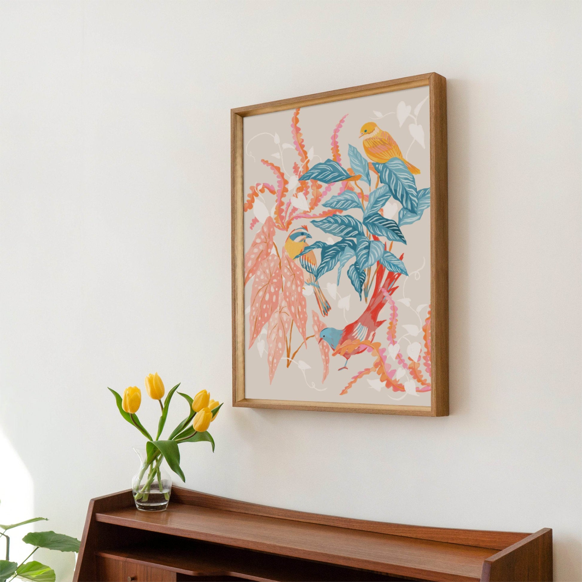 Warm and colorful illustration of whimsical birds with coral and teal foliage – nature-inspired art print creating a tranquil atmosphere for modern home decor