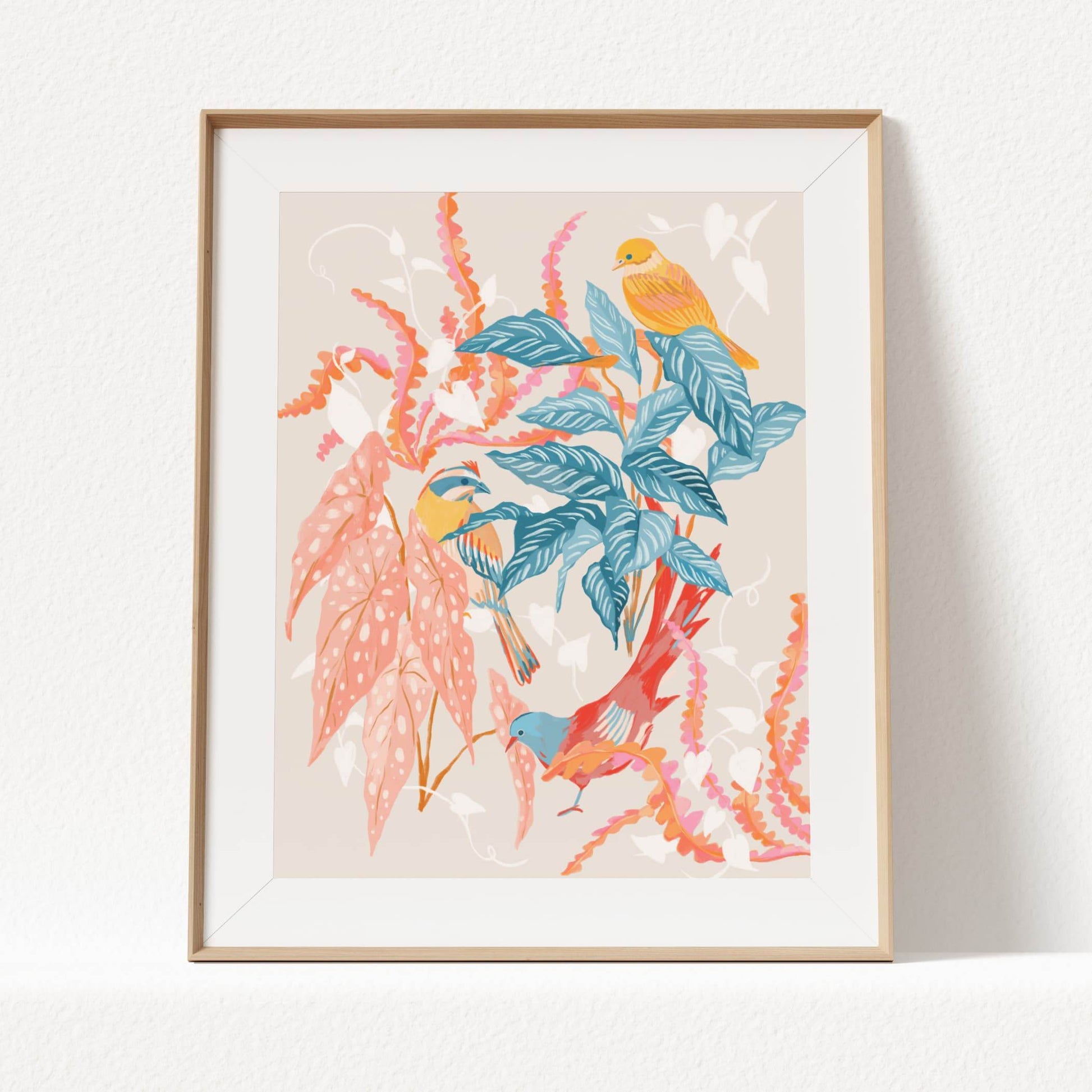 Warm and colorful illustration of whimsical birds with coral and teal foliage – nature-inspired art print creating a tranquil atmosphere for modern home decor