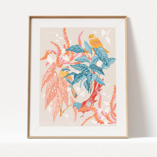 Warm and colorful illustration of whimsical birds with coral and teal foliage – nature-inspired art print creating a tranquil atmosphere for modern home decor