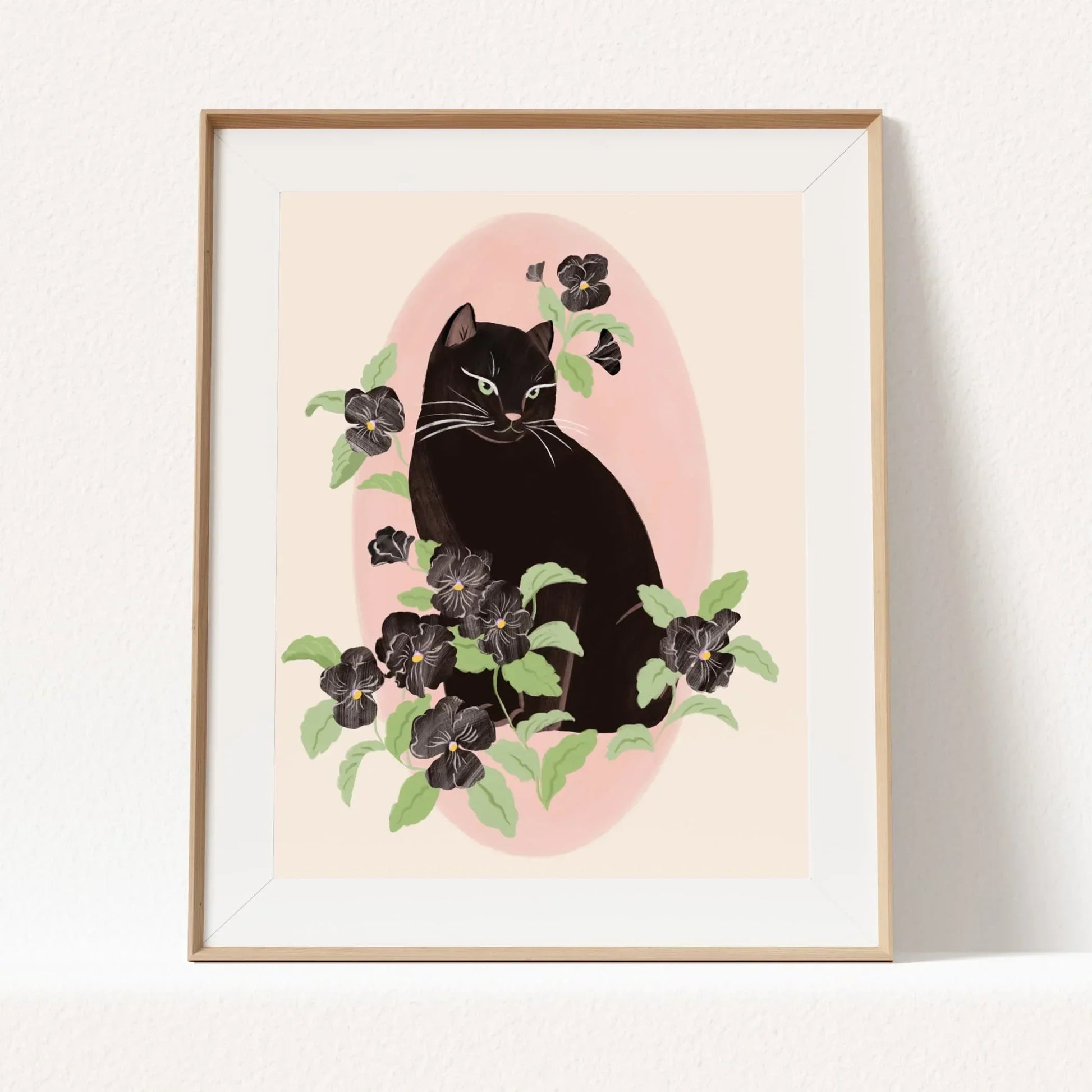 Vertical portrait illustration of a black cat surrounded by black pansy flowers, with a soft and feminine mood