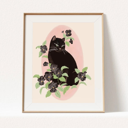 Vertical portrait illustration of a black cat surrounded by black pansy flowers, with a soft and feminine mood