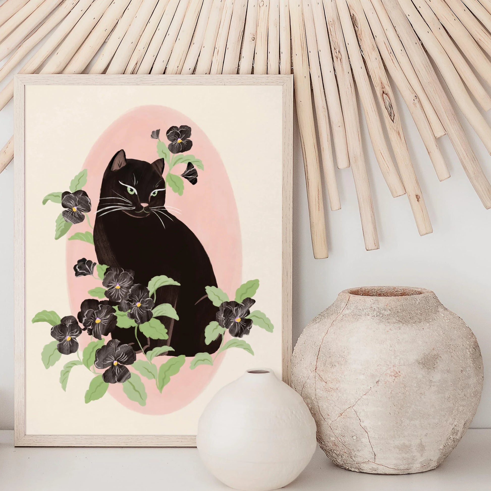 Vertical portrait illustration of a black cat surrounded by black pansy flowers, with a soft and feminine mood