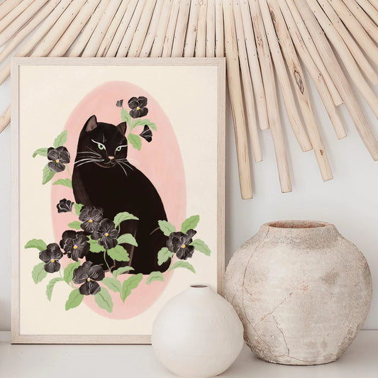 Vertical portrait illustration of a black cat surrounded by black pansy flowers, with a soft and feminine mood