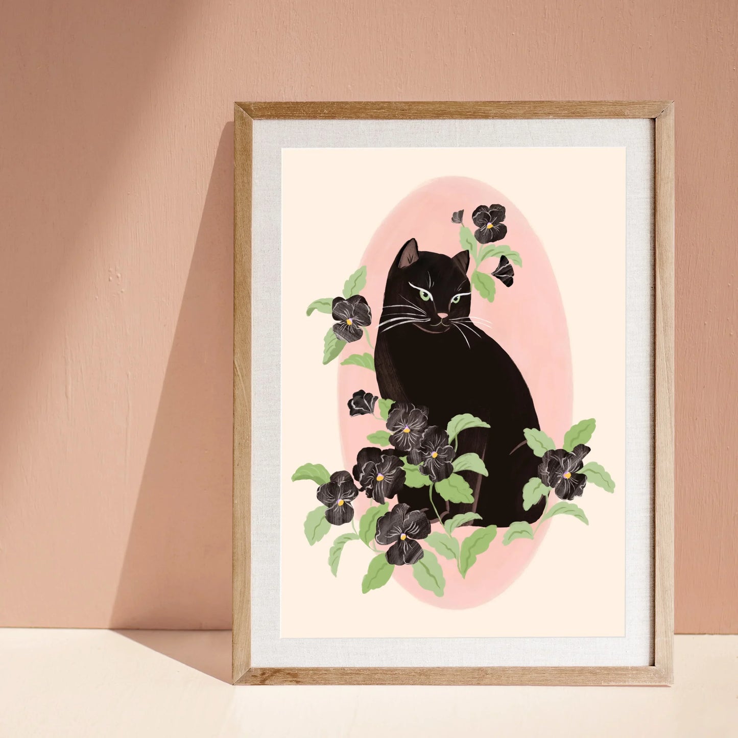 Vertical portrait illustration of a black cat surrounded by black pansy flowers, with a soft and feminine mood