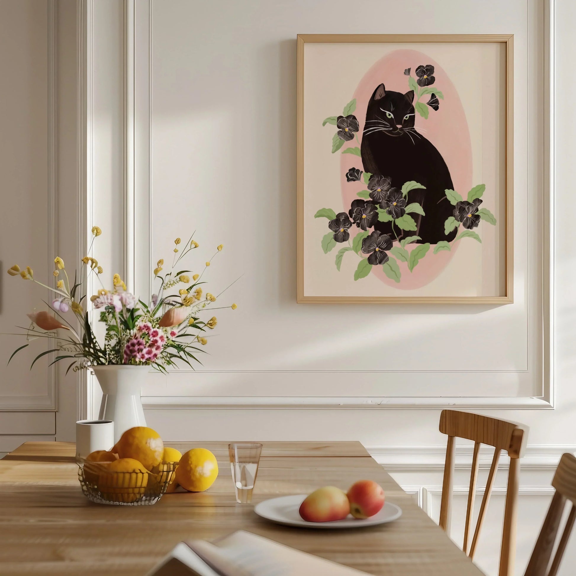 Vertical portrait illustration of a black cat surrounded by black pansy flowers, with a soft and feminine mood